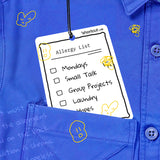 Shortcut Lab ‘Allergy List’ car fragrance card in Amber Orchard scent featuring humorous checklist design, styled on a blue shirt background with yellow doodles.
