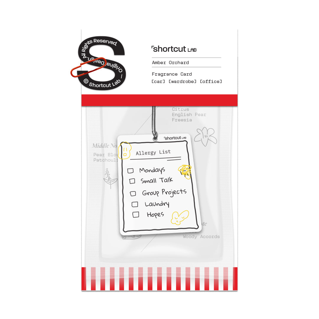 Shortcut Lab car fragrance card in Amber Orchard scent featuring humorous ‘Allergy List’ design with checklist including Mondays, small talk, and group projects — suitable for car, wardrobe, or office.