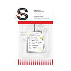 Shortcut Lab car fragrance card in Amber Orchard scent featuring humorous ‘Allergy List’ design with checklist including Mondays, small talk, and group projects — suitable for car, wardrobe, or office.