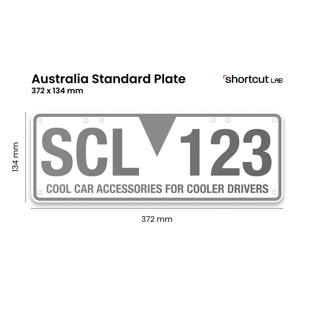 ustralia standard car number plate dimensions 372 x 134 mm shown with Shortcut Lab mock plate reading ‘SCL 123 – Cool Car Accessories for Cooler Drivers