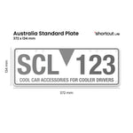 ustralia standard car number plate dimensions 372 x 134 mm shown with Shortcut Lab mock plate reading ‘SCL 123 – Cool Car Accessories for Cooler Drivers