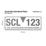 ustralia standard car number plate dimensions 372 x 134 mm shown with Shortcut Lab mock plate reading ‘SCL 123 – Cool Car Accessories for Cooler Drivers
