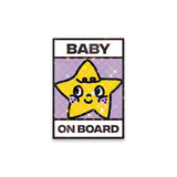 Shortcut Lab reflective ‘Baby On Board’ car window sticker featuring a cute yellow star character with blushing cheeks on a lilac background