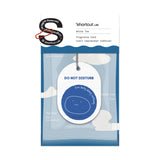 Shortcut Lab ‘Do Not Disturb’ car fragrance card in White Tea scent featuring blue smiling face design and text ‘I’m busy doing nothing,’ suitable for car, wardrobe, or office.