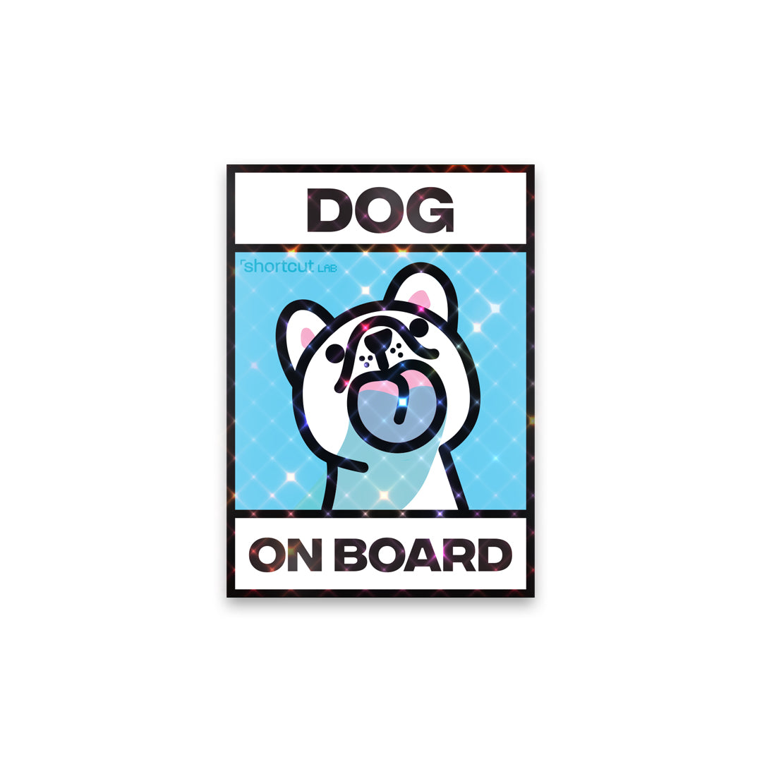 Shortcut Lab reflective ‘Dog On Board’ car window sticker featuring a cute cartoon dog illustration on a blue background.