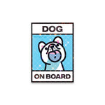 Shortcut Lab reflective ‘Dog On Board’ car window sticker featuring a cute cartoon dog illustration on a blue background.