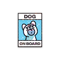 Shortcut Lab reflective ‘Dog On Board’ car window sticker featuring a cute cartoon dog illustration on a blue background.