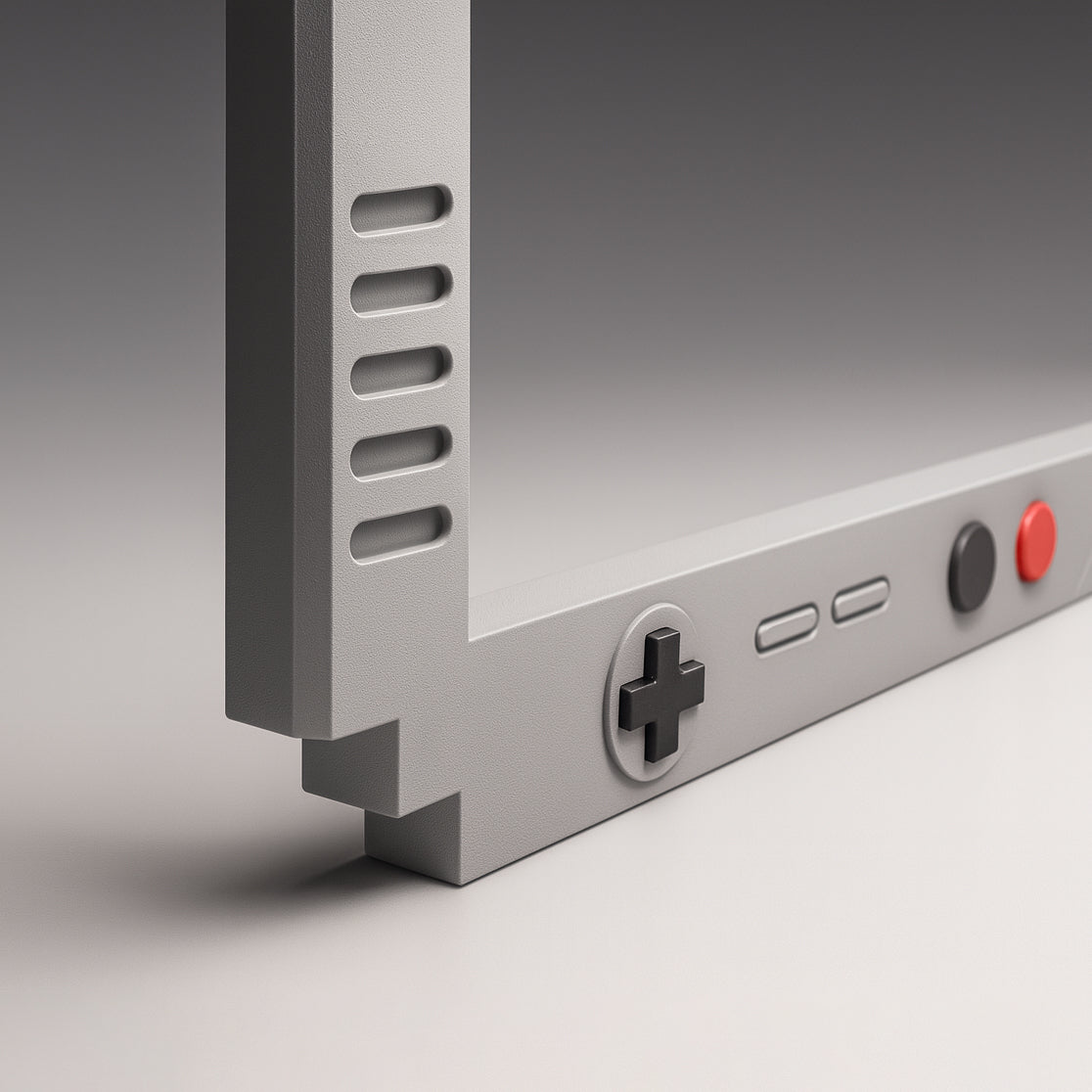 Close-up detail of Shortcut Lab GameBoy-inspired car number plate frame showing D-pad buttons and textured ABS plastic finish in matte grey.