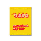 Shortcut Lab ‘OSTC Oversized Toy Car’ reflective car tag packaging in bright yellow with red retro lettering.