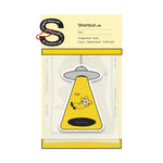 Shortcut Lab car fragrance card in Oud scent featuring yellow UFO-shaped design with illustrated character and text ‘bye,’ suitable for car, wardrobe, or office use