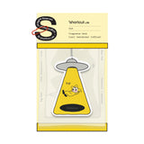 Shortcut Lab car fragrance card in Oud scent featuring yellow UFO-shaped design with illustrated character and text ‘bye,’ suitable for car, wardrobe, or office use